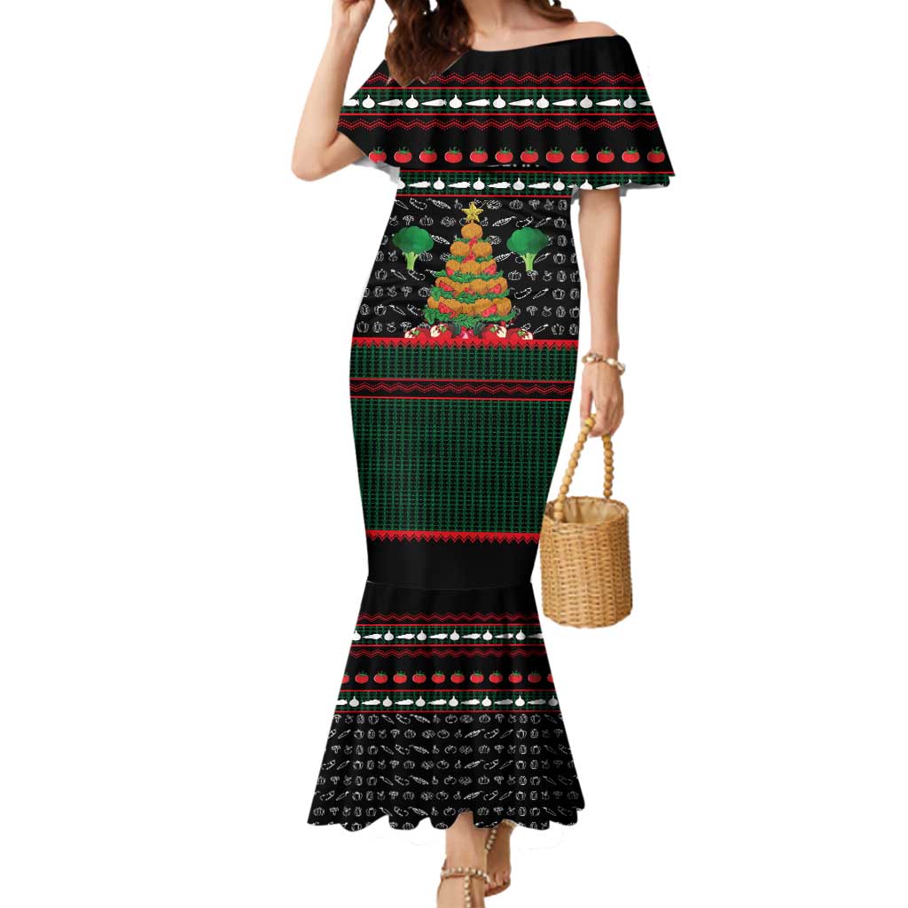 Vegan Christmas Mermaid Dress with Tis the Season to Go Vegan Quote and Vegetable Tree - Wonder Print Shop