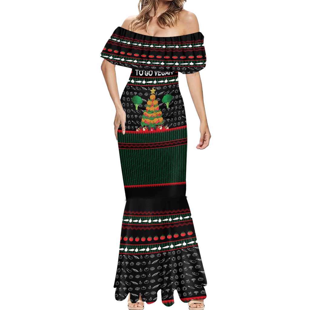 Vegan Christmas Mermaid Dress with Tis the Season to Go Vegan Quote and Vegetable Tree - Wonder Print Shop