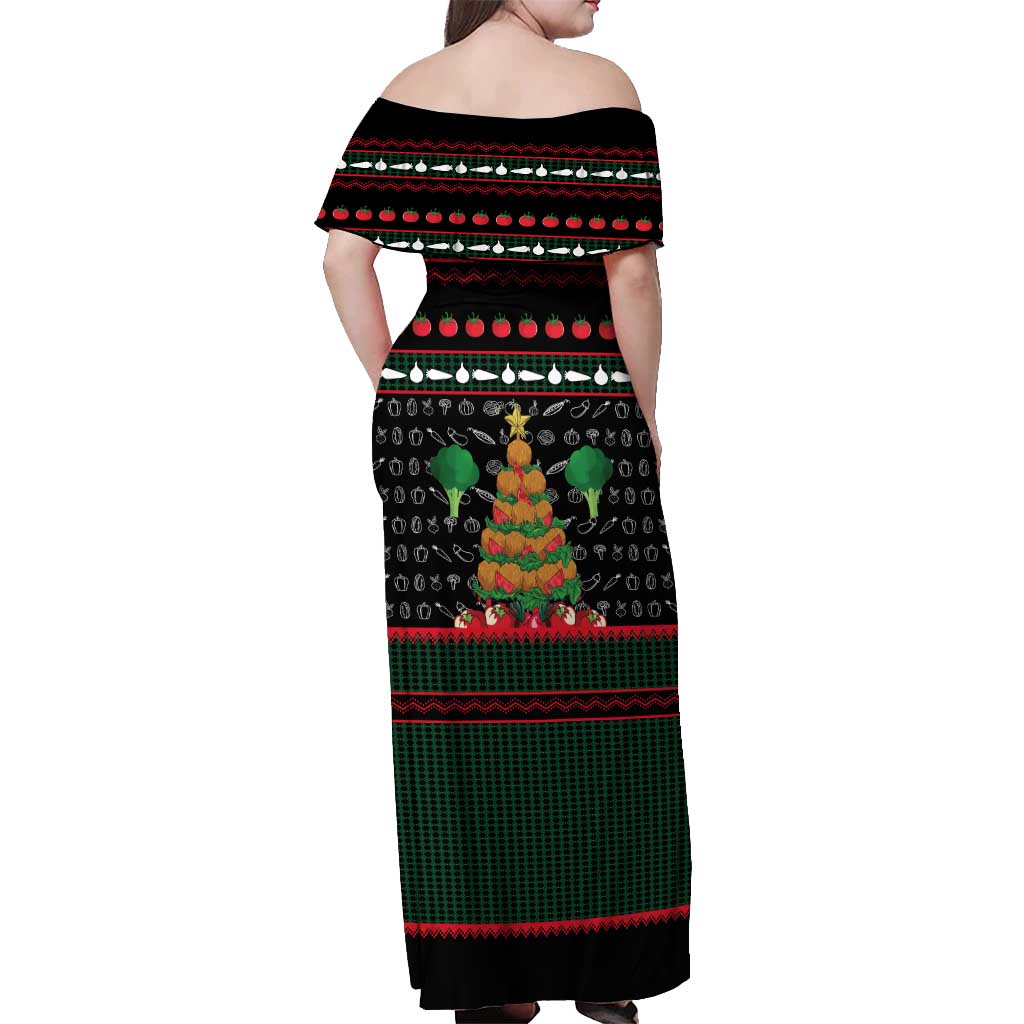 Vegan Christmas Off Shoulder Maxi Dress with Tis the Season to Go Vegan Quote and Vegetable Tree - Wonder Print Shop