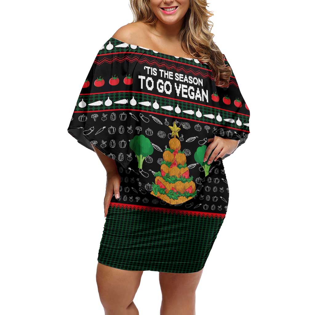 Vegan Christmas Off Shoulder Short Dress with Tis the Season to Go Vegan Quote and Vegetable Tree - Wonder Print Shop