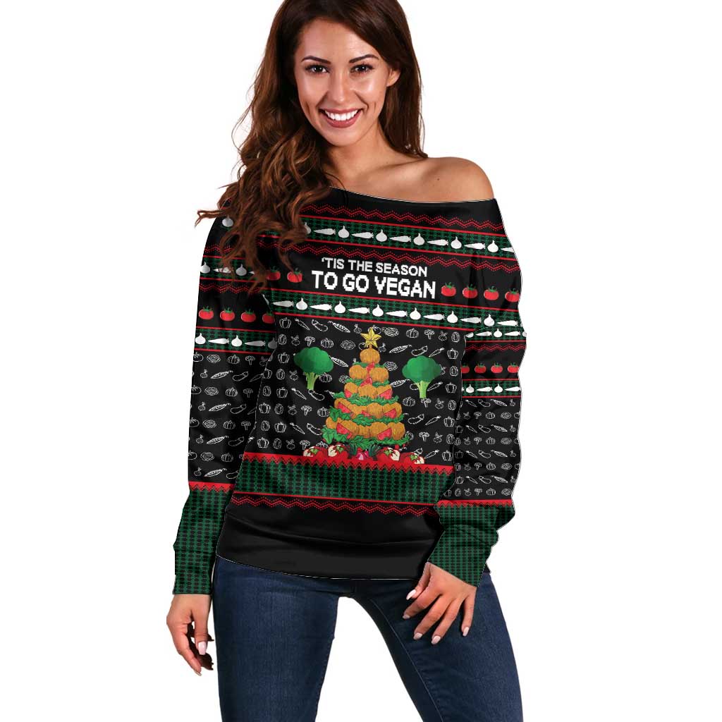 Vegan Christmas Off Shoulder Sweater with Tis the Season to Go Vegan Quote and Vegetable Tree - Wonder Print Shop