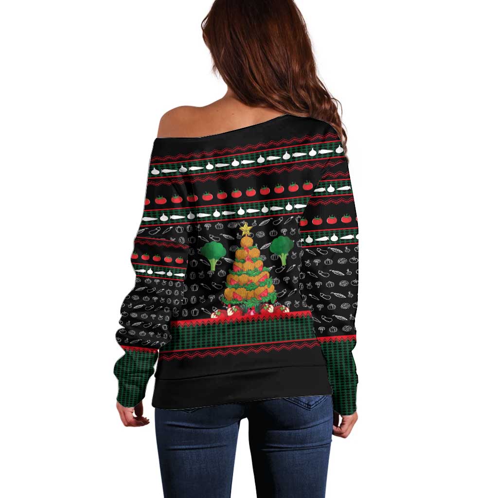 Vegan Christmas Off Shoulder Sweater with Tis the Season to Go Vegan Quote and Vegetable Tree - Wonder Print Shop