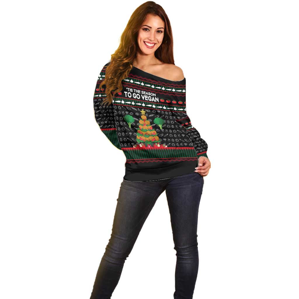 Vegan Christmas Off Shoulder Sweater with Tis the Season to Go Vegan Quote and Vegetable Tree - Wonder Print Shop