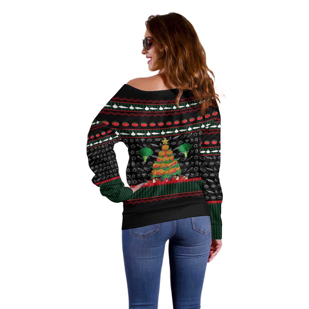 Vegan Christmas Off Shoulder Sweater with Tis the Season to Go Vegan Quote and Vegetable Tree - Wonder Print Shop