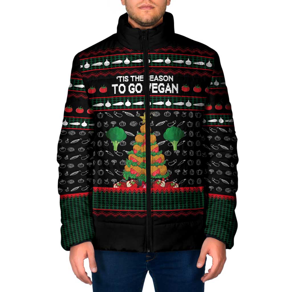 Vegan Christmas Padded Jacket with Tis the Season to Go Vegan Quote and Vegetable Tree - Wonder Print Shop
