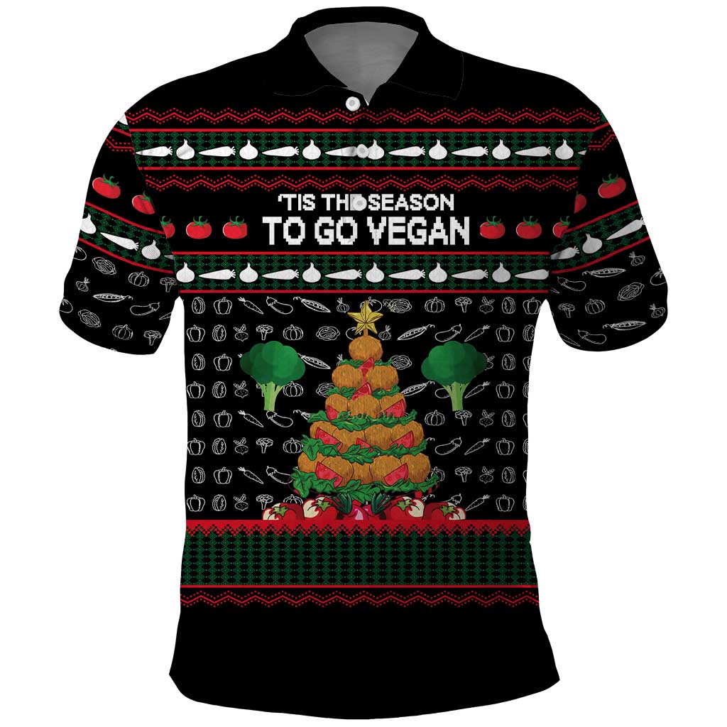 Vegan Christmas Polo Shirt with Tis the Season to Go Vegan Quote and Vegetable Tree - Wonder Print Shop