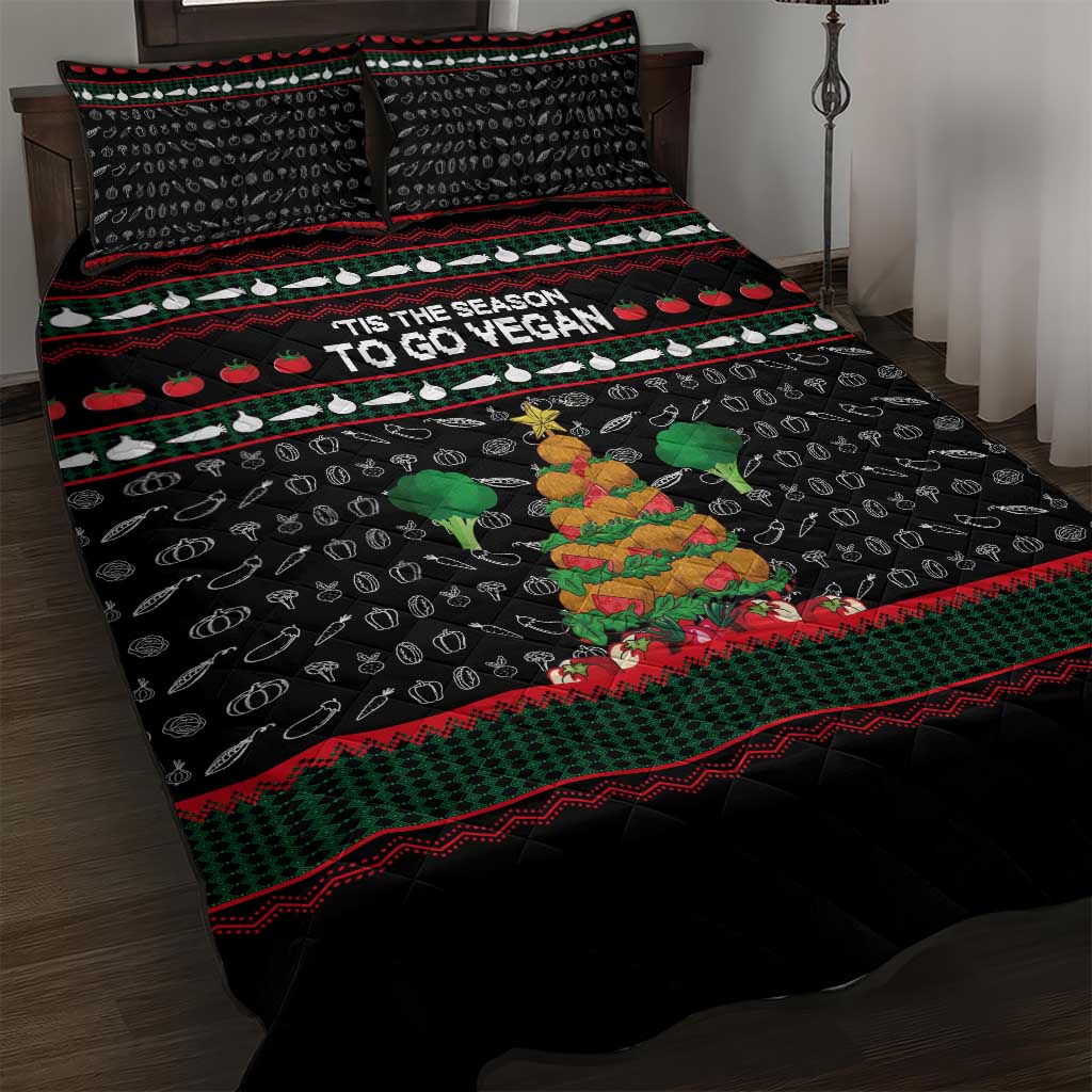 Vegan Christmas Quilt Bed Set with Tis the Season to Go Vegan Quote and Vegetable Tree - Wonder Print Shop