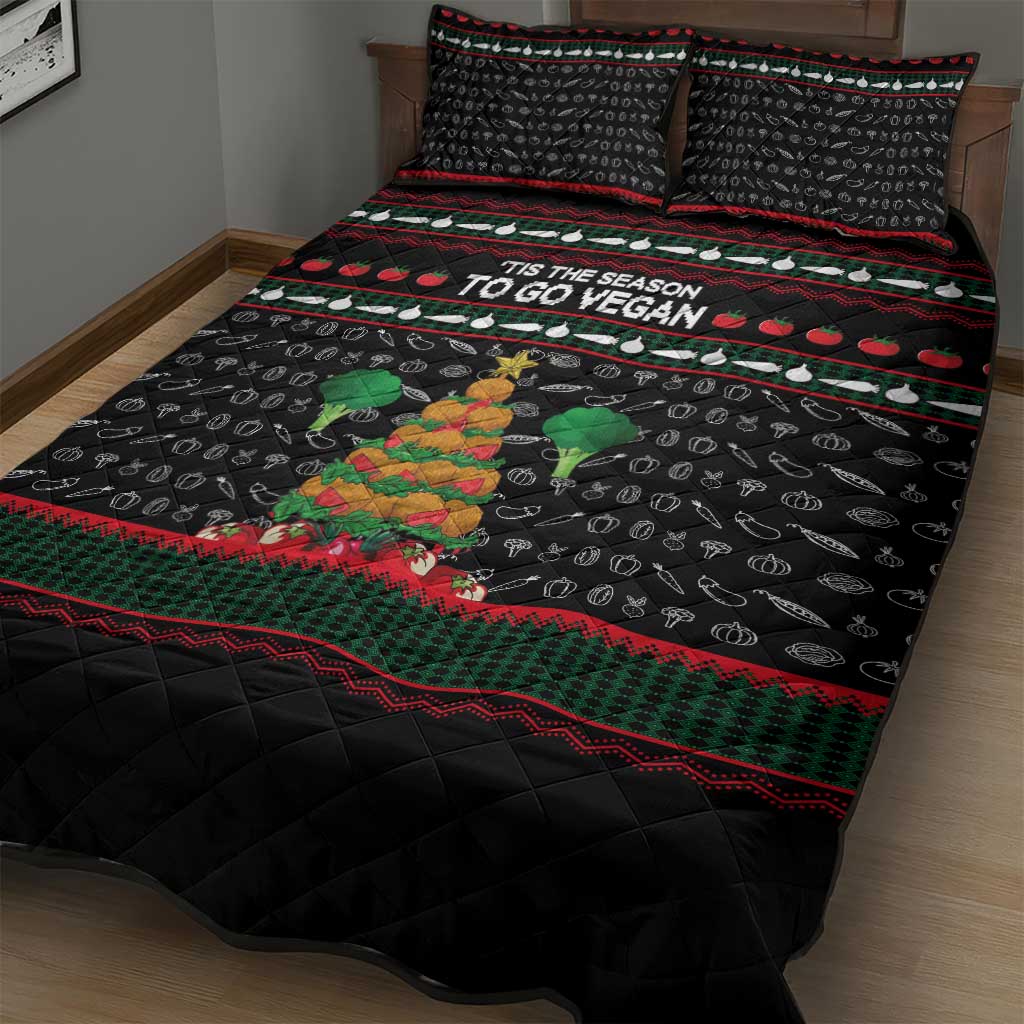 Vegan Christmas Quilt Bed Set with Tis the Season to Go Vegan Quote and Vegetable Tree - Wonder Print Shop