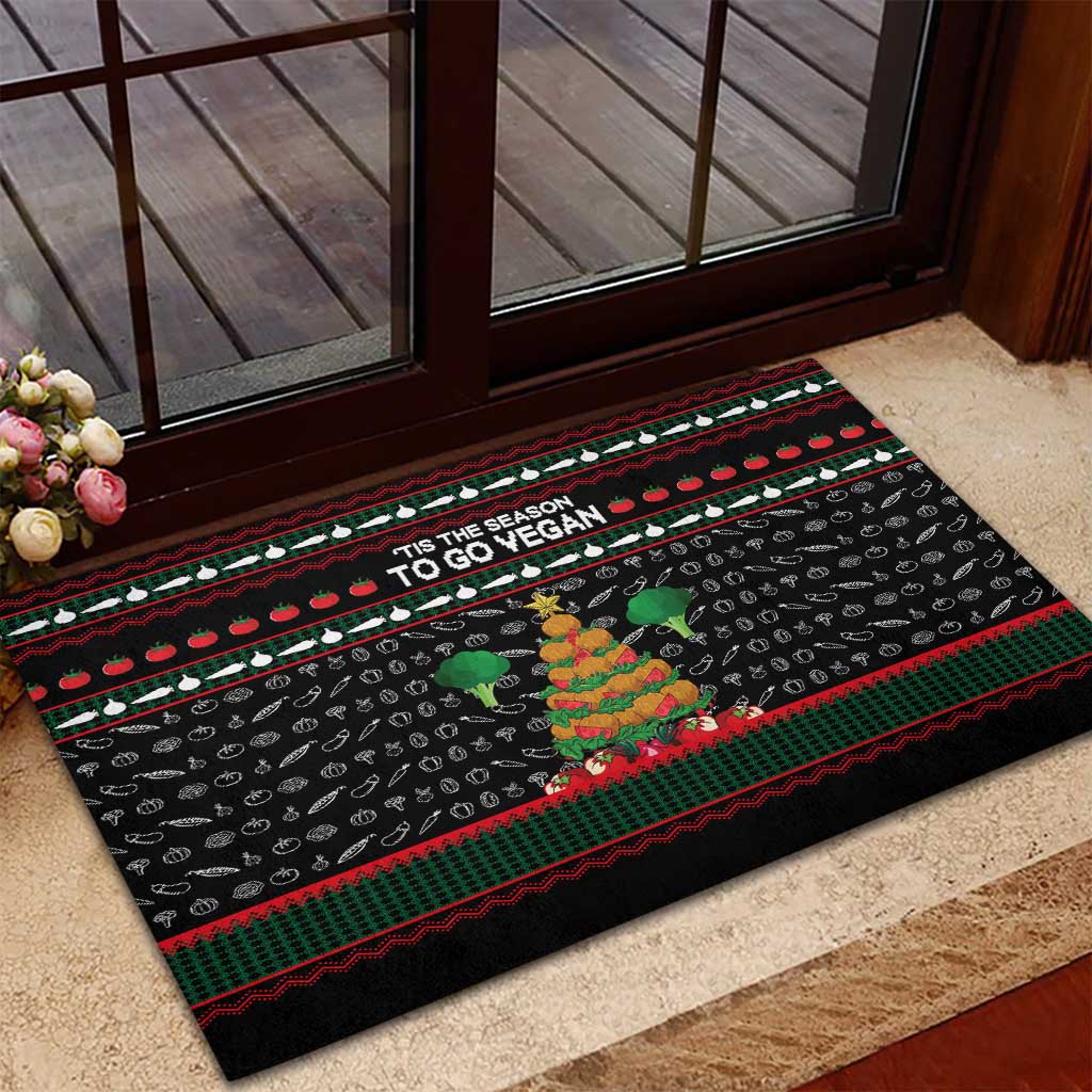 Vegan Christmas Rubber Doormat with Tis the Season to Go Vegan Quote and Vegetable Tree - Wonder Print Shop