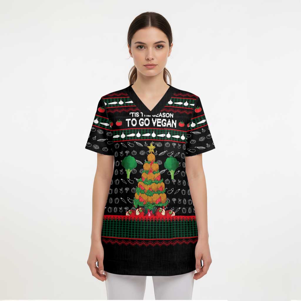 Vegan Christmas Scrub Top with Tis the Season to Go Vegan Quote and Vegetable Tree - Wonder Print Shop