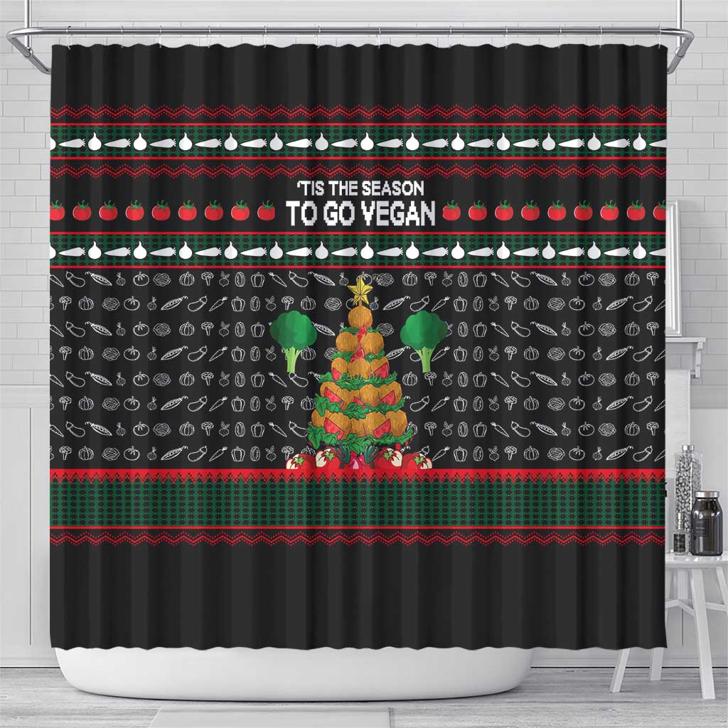 Vegan Christmas Shower Curtain with Tis the Season to Go Vegan Quote and Vegetable Tree - Wonder Print Shop