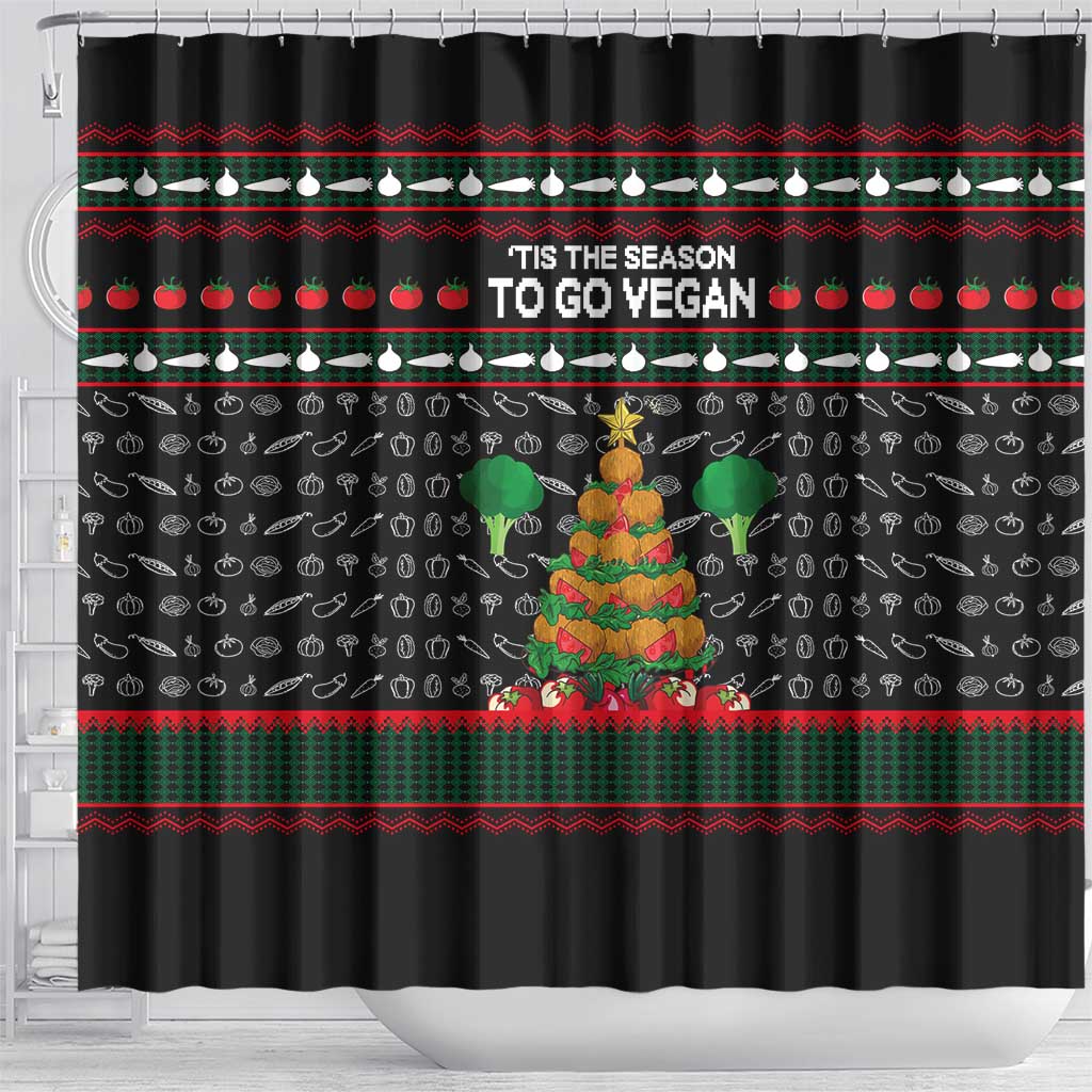 Vegan Christmas Shower Curtain with Tis the Season to Go Vegan Quote and Vegetable Tree - Wonder Print Shop
