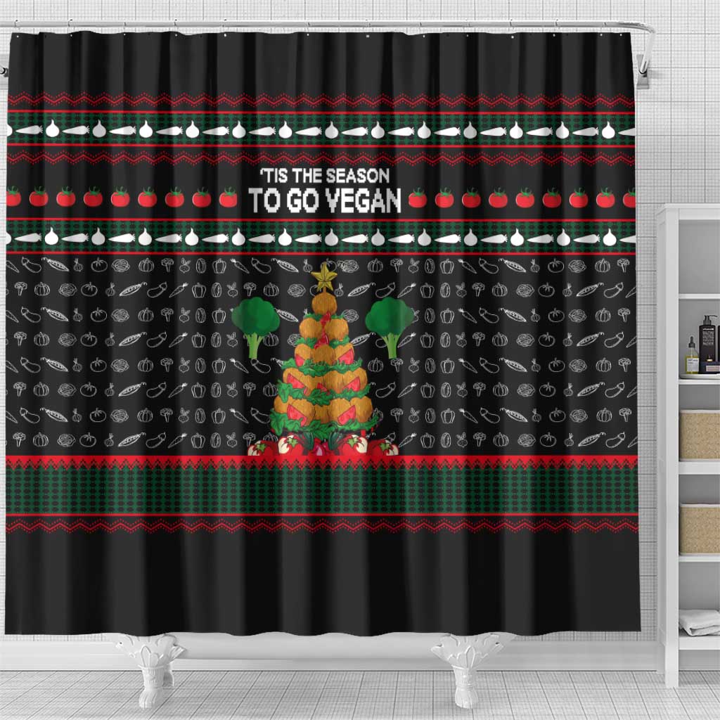 Vegan Christmas Shower Curtain with Tis the Season to Go Vegan Quote and Vegetable Tree - Wonder Print Shop