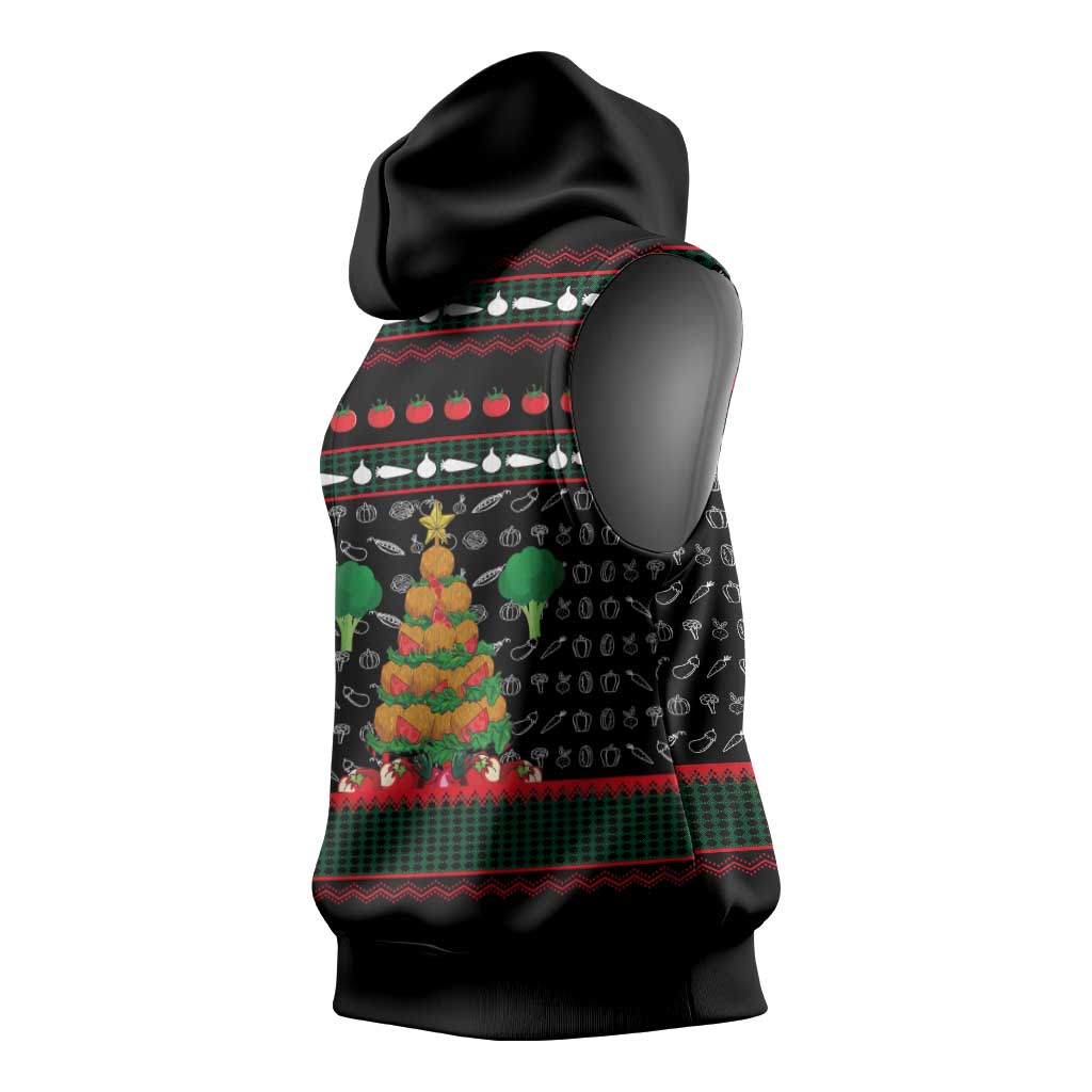 Vegan Christmas Sleeveless Hoodie with Tis the Season to Go Vegan Quote and Vegetable Tree - Wonder Print Shop