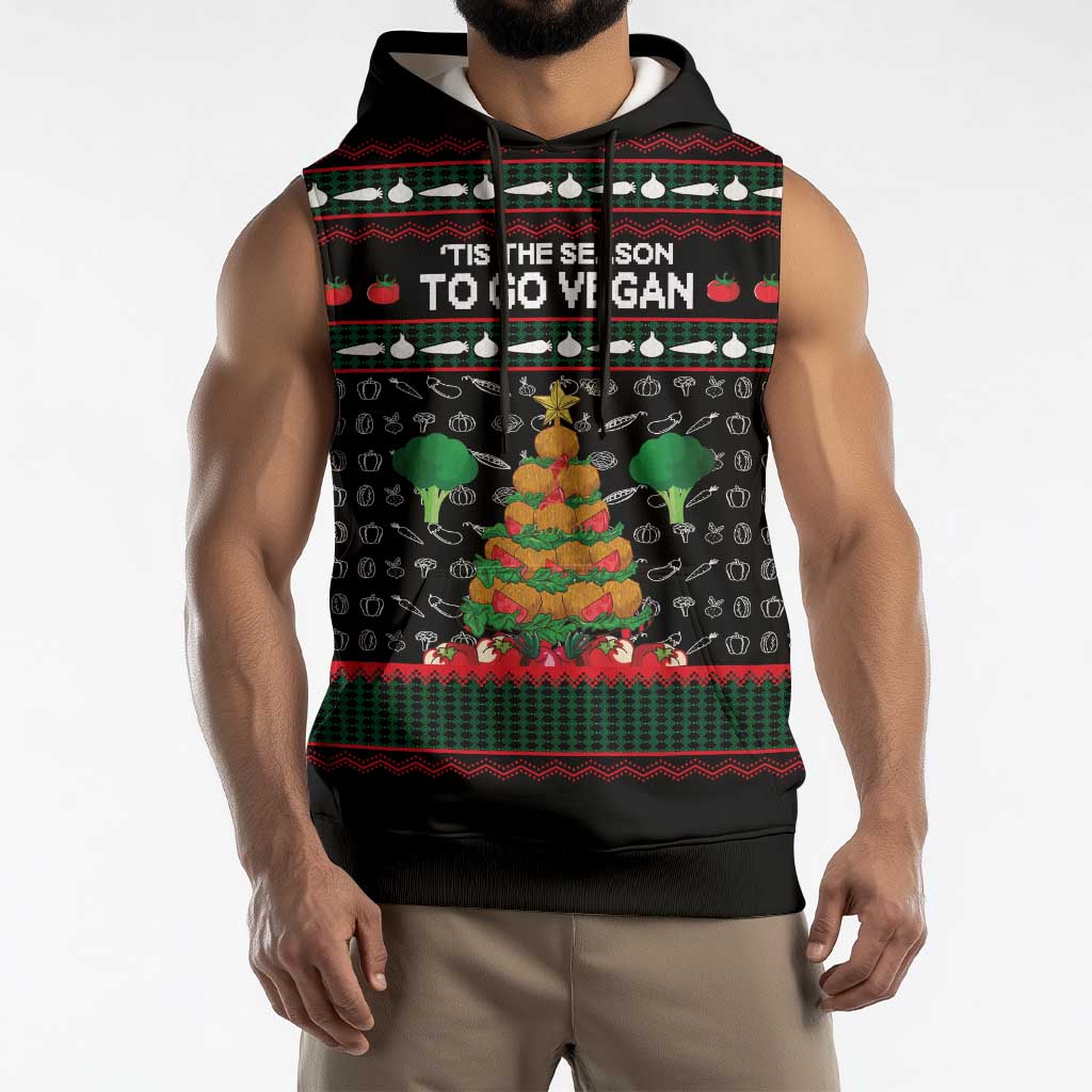Vegan Christmas Sleeveless Hoodie with Tis the Season to Go Vegan Quote and Vegetable Tree - Wonder Print Shop