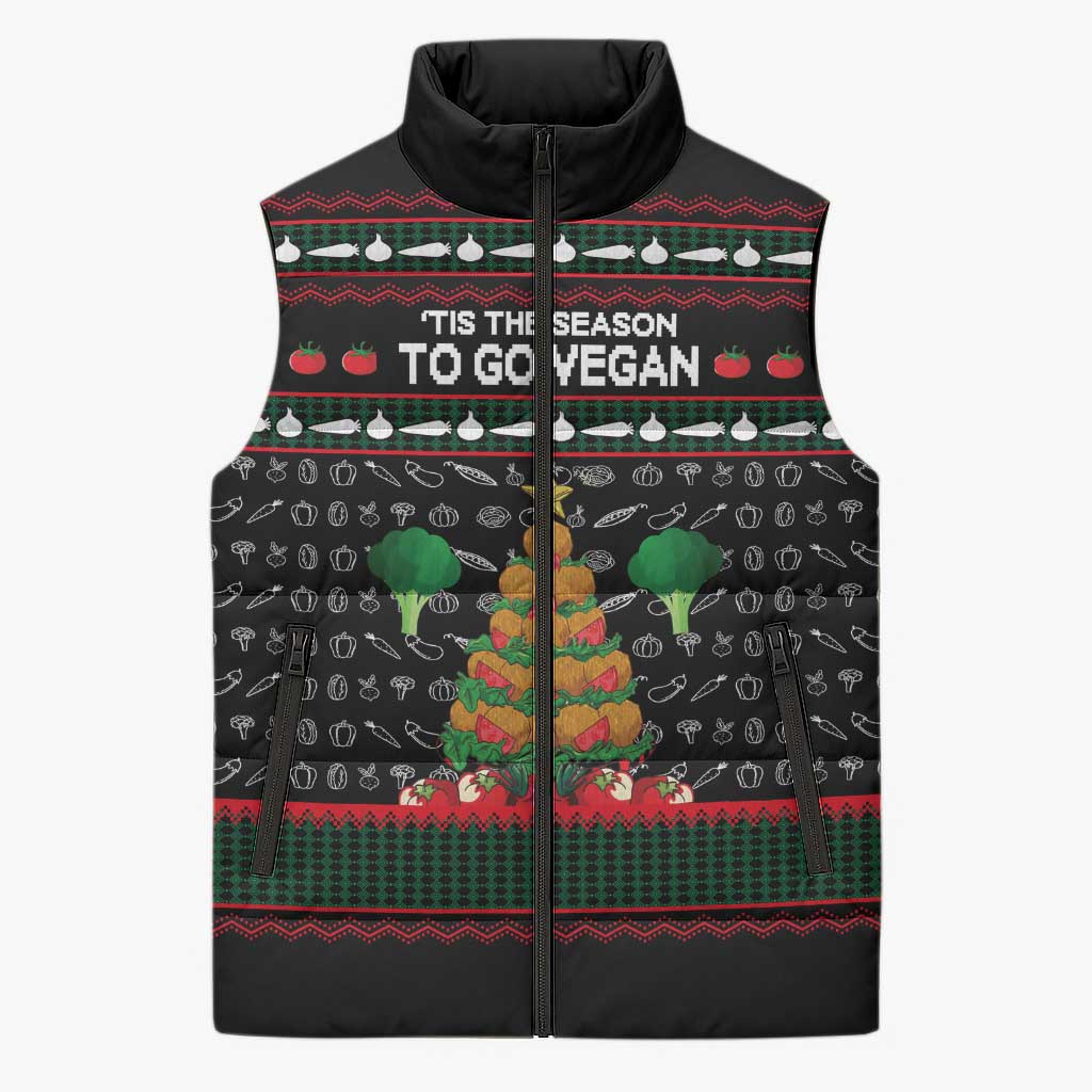 Vegan Christmas Sleeveless Puffer Jacket with Tis the Season to Go Vegan Quote and Vegetable Tree - Wonder Print Shop