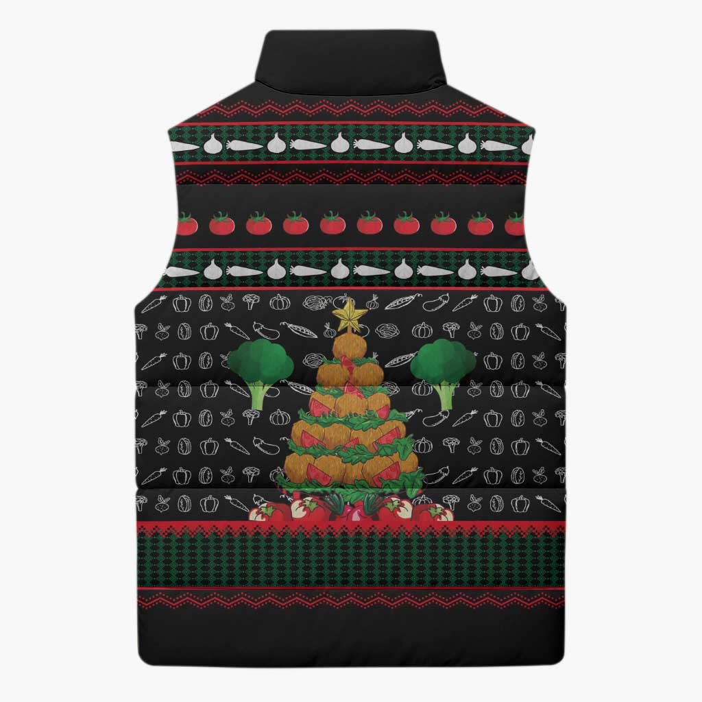 Vegan Christmas Sleeveless Puffer Jacket with Tis the Season to Go Vegan Quote and Vegetable Tree - Wonder Print Shop