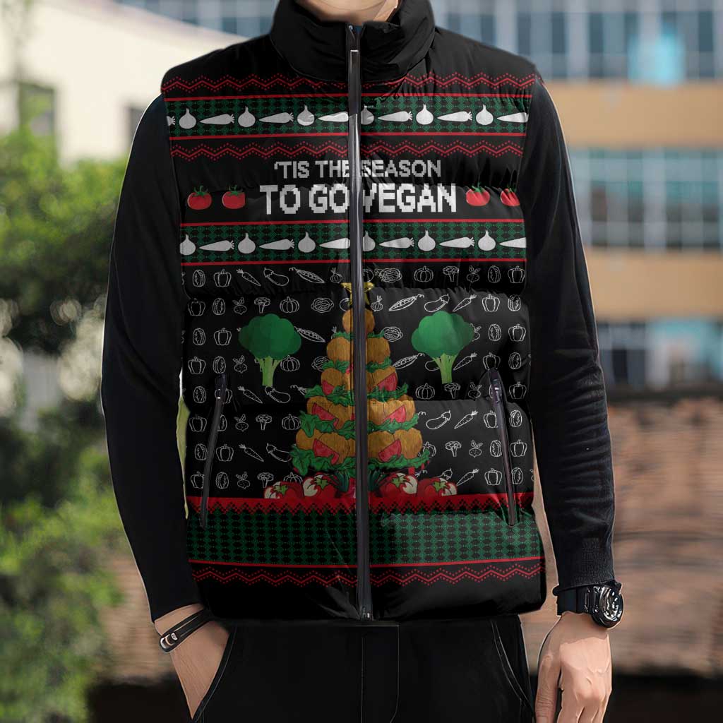 Vegan Christmas Sleeveless Puffer Jacket with Tis the Season to Go Vegan Quote and Vegetable Tree - Wonder Print Shop
