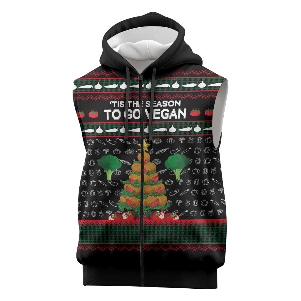 Vegan Christmas Sleeveless Zip Hoodie with Tis the Season to Go Vegan Quote and Vegetable Tree - Wonder Print Shop