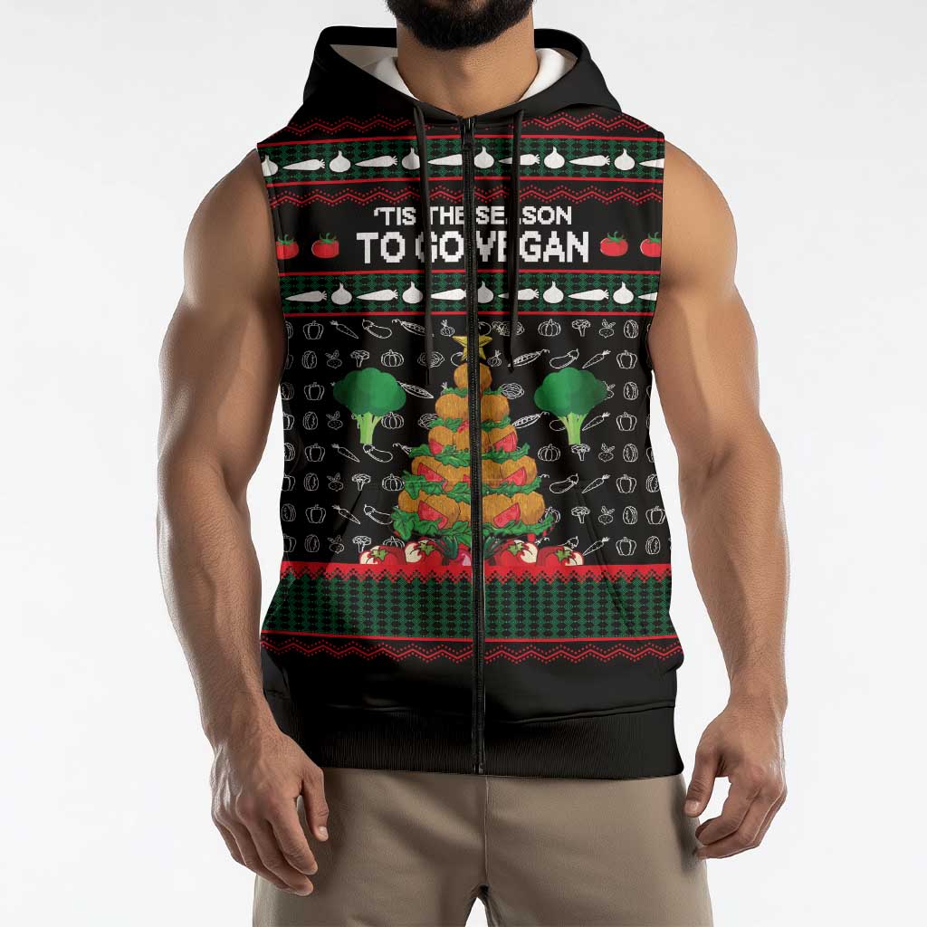 Vegan Christmas Sleeveless Zip Hoodie with Tis the Season to Go Vegan Quote and Vegetable Tree - Wonder Print Shop