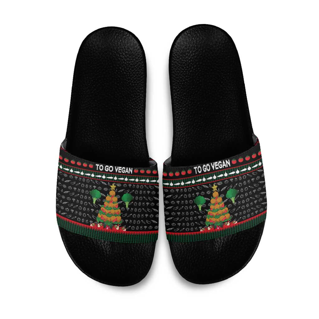 Vegan Christmas Slide Sandals with Tis the Season to Go Vegan Quote and Vegetable Tree - Wonder Print Shop