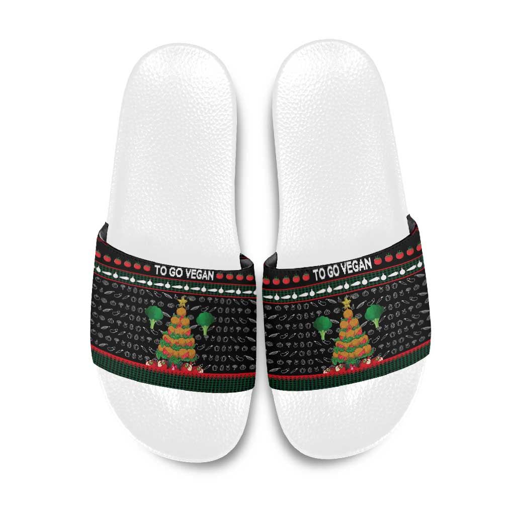Vegan Christmas Slide Sandals with Tis the Season to Go Vegan Quote and Vegetable Tree - Wonder Print Shop