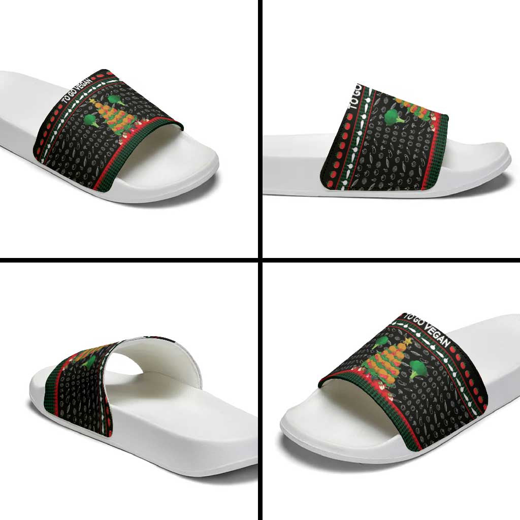 Vegan Christmas Slide Sandals with Tis the Season to Go Vegan Quote and Vegetable Tree - Wonder Print Shop