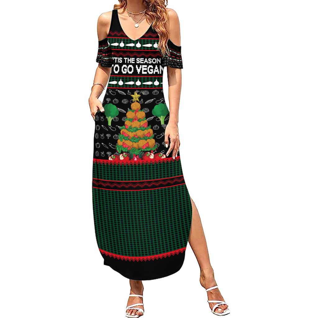Vegan Christmas Summer Maxi Dress with Tis the Season to Go Vegan Quote and Vegetable Tree - Wonder Print Shop