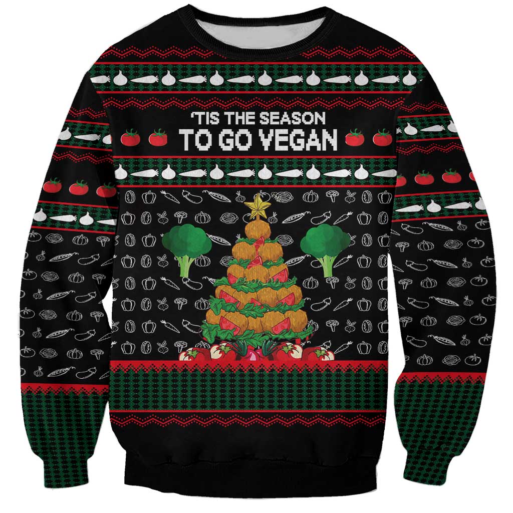 Vegan Christmas Sweatshirt with Tis the Season to Go Vegan Quote and Vegetable Tree - Wonder Print Shop