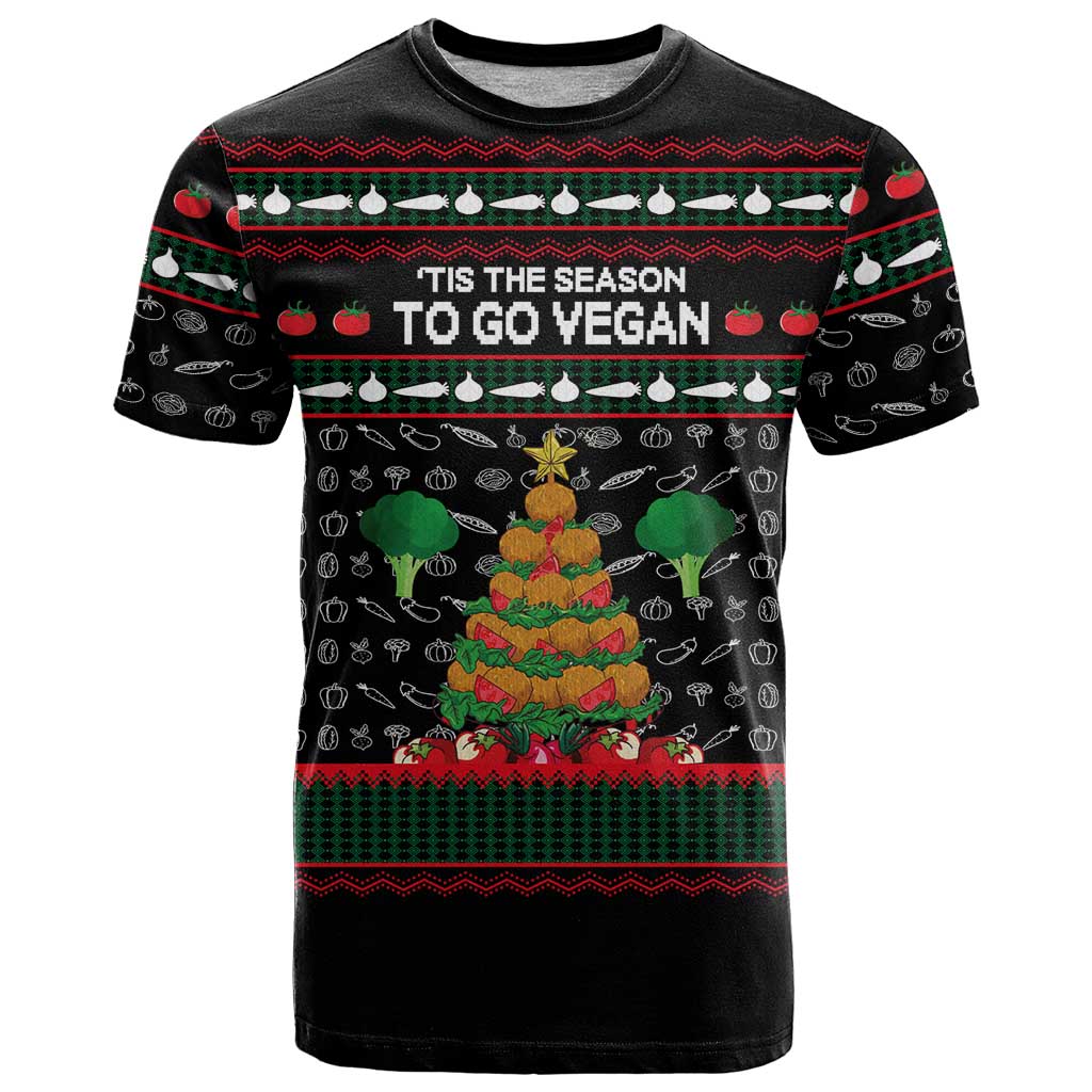 Vegan Christmas T Shirt with Tis the Season to Go Vegan Quote and Vegetable Tree - Wonder Print Shop