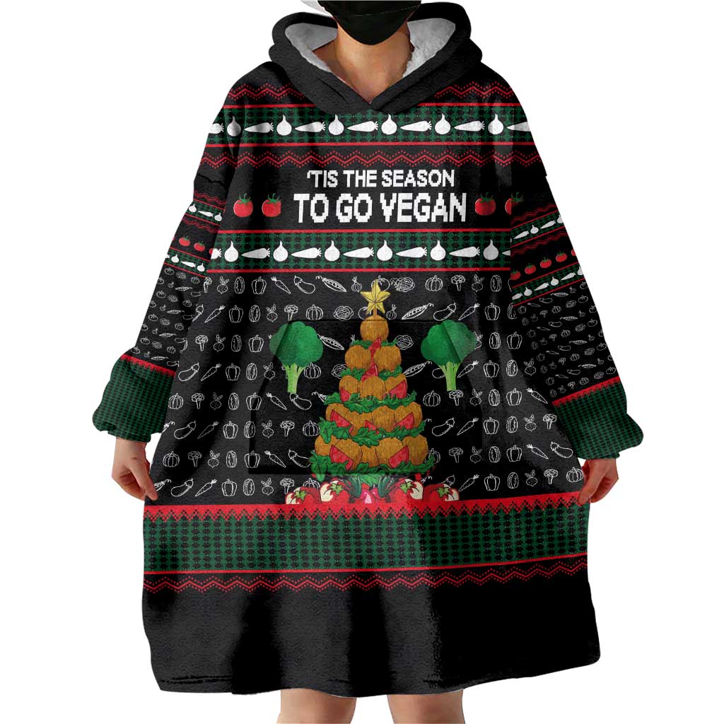 Vegan Christmas Wearable Blanket Hoodie with Tis the Season to Go Vegan Quote and Vegetable Tree - Wonder Print Shop