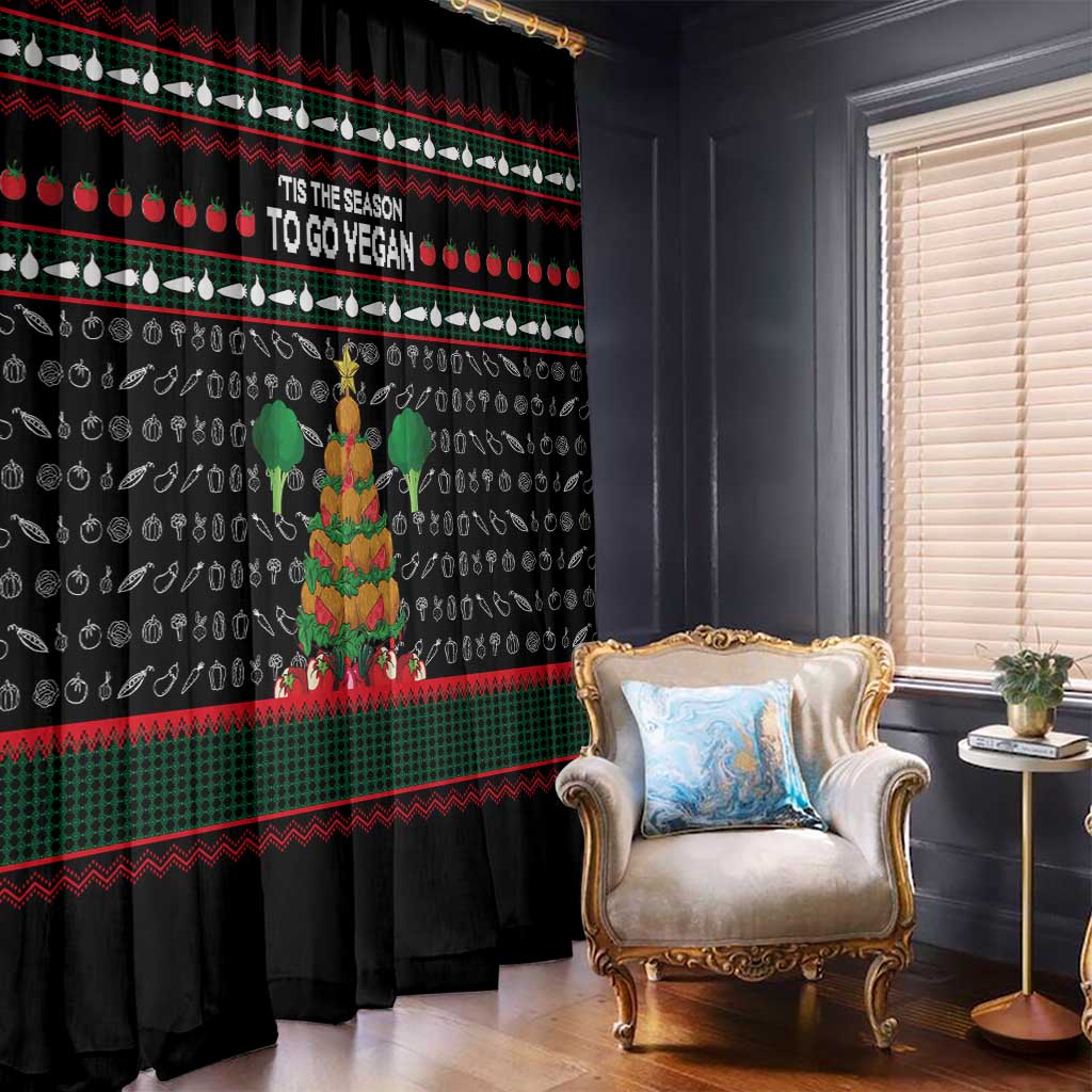 Vegan Christmas Window Curtain with Tis the Season to Go Vegan Quote and Vegetable Tree - Wonder Print Shop