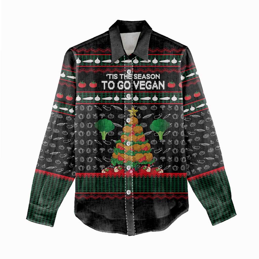 Vegan Christmas Women Casual Shirt with Tis the Season to Go Vegan Quote and Vegetable Tree - Wonder Print Shop