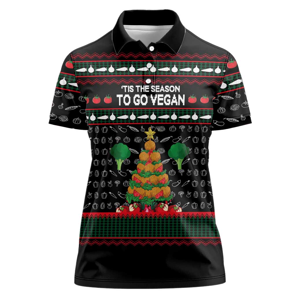 Vegan Christmas Women Polo Shirt with Tis the Season to Go Vegan Quote and Vegetable Tree - Wonder Print Shop