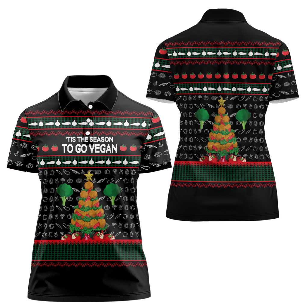 Vegan Christmas Women Polo Shirt with Tis the Season to Go Vegan Quote and Vegetable Tree - Wonder Print Shop