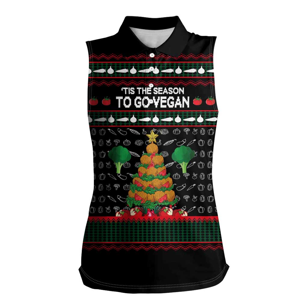 Vegan Christmas Women Sleeveless Polo Shirt with Tis the Season to Go Vegan Quote and Vegetable Tree - Wonder Print Shop