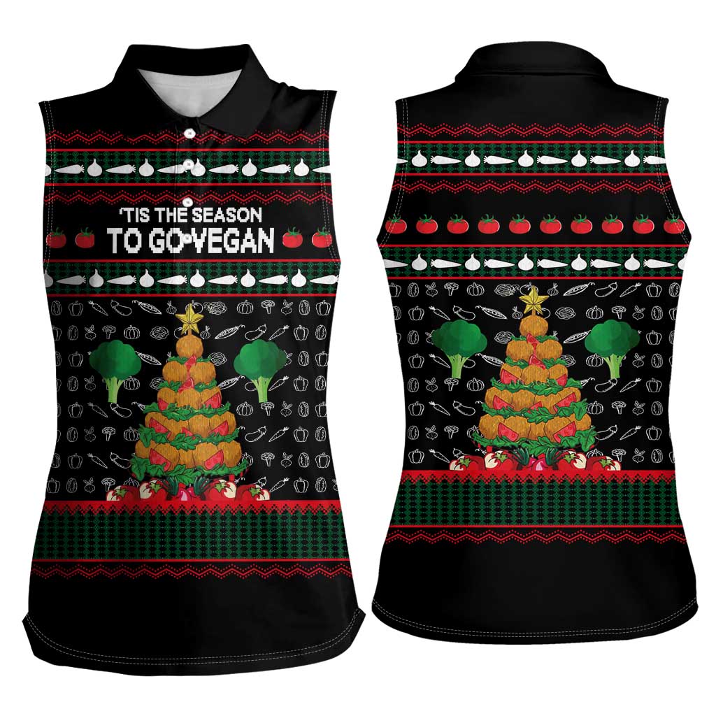 Vegan Christmas Women Sleeveless Polo Shirt with Tis the Season to Go Vegan Quote and Vegetable Tree - Wonder Print Shop