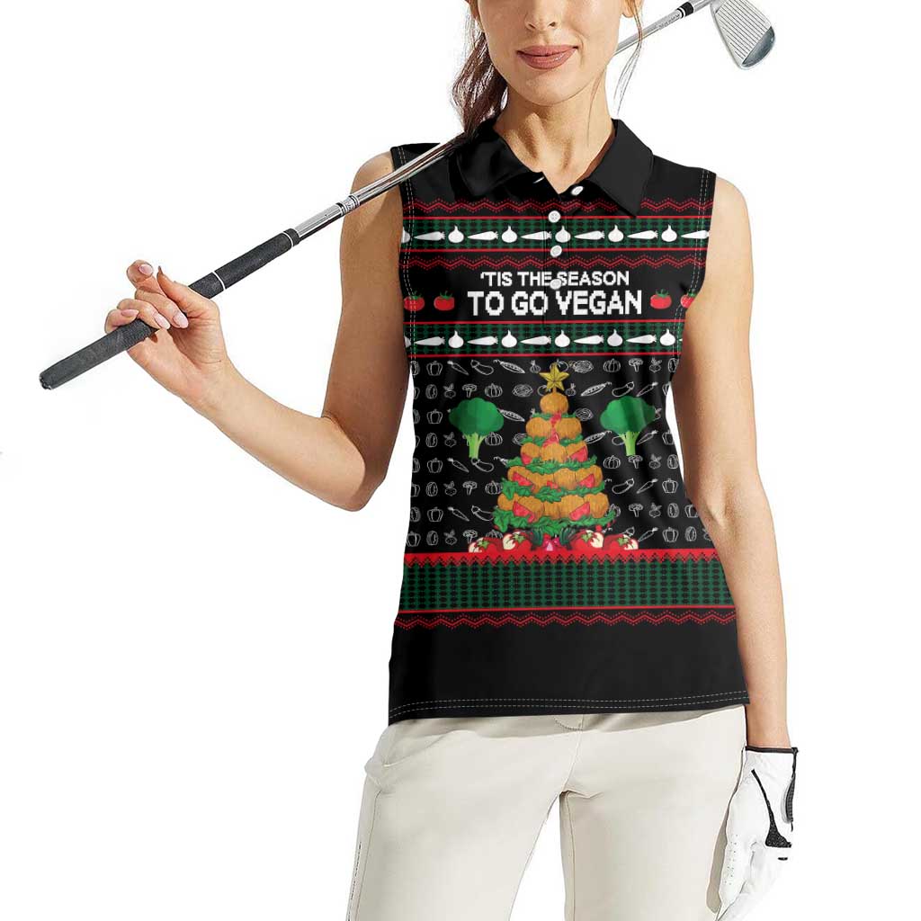 Vegan Christmas Women Sleeveless Polo Shirt with Tis the Season to Go Vegan Quote and Vegetable Tree - Wonder Print Shop