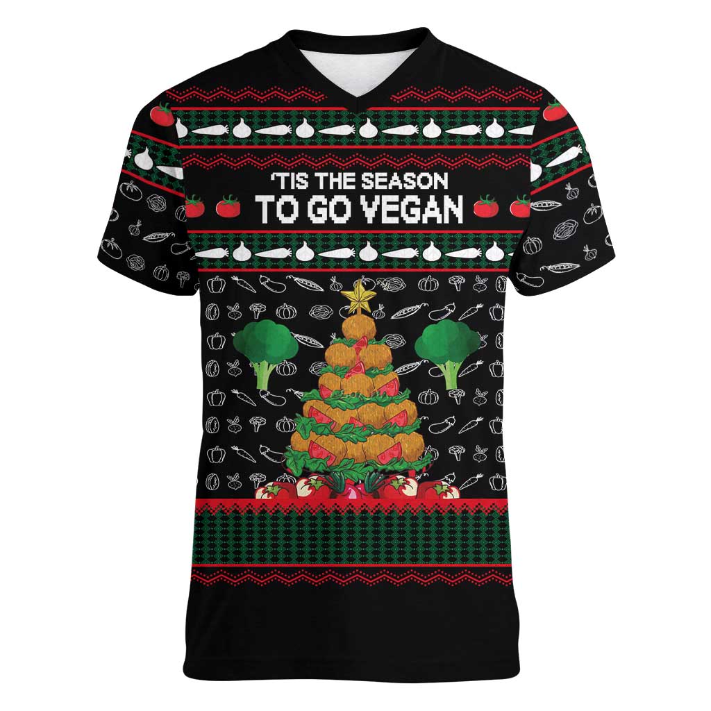 Vegan Christmas Women V-Neck T-Shirt with Tis the Season to Go Vegan Quote and Vegetable Tree - Wonder Print Shop