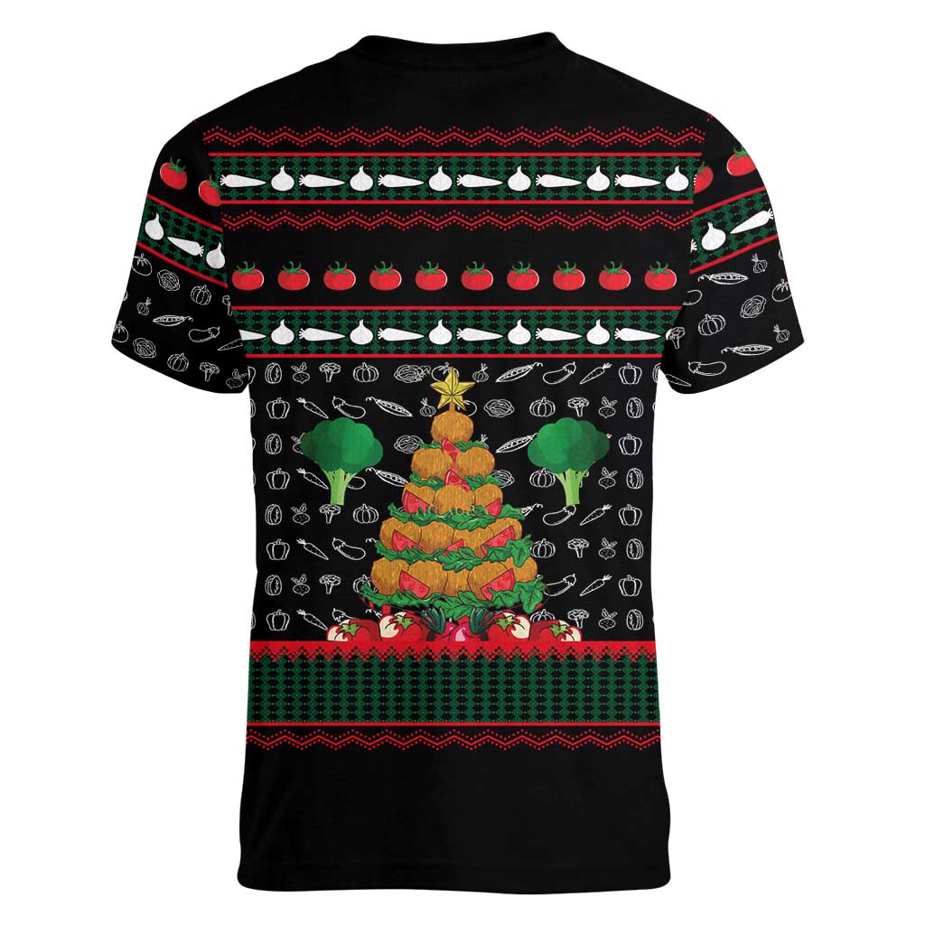 Vegan Christmas Women V-Neck T-Shirt with Tis the Season to Go Vegan Quote and Vegetable Tree - Wonder Print Shop