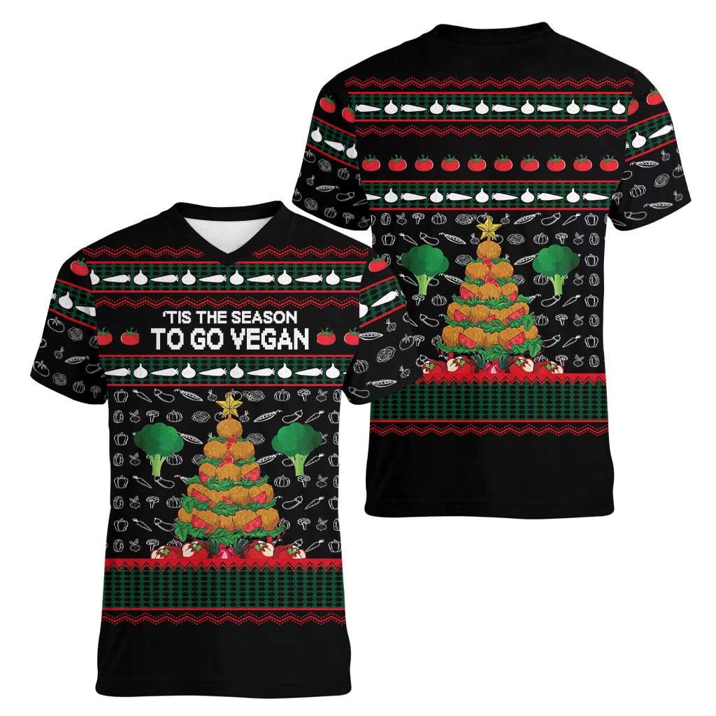 Vegan Christmas Women V-Neck T-Shirt with Tis the Season to Go Vegan Quote and Vegetable Tree - Wonder Print Shop