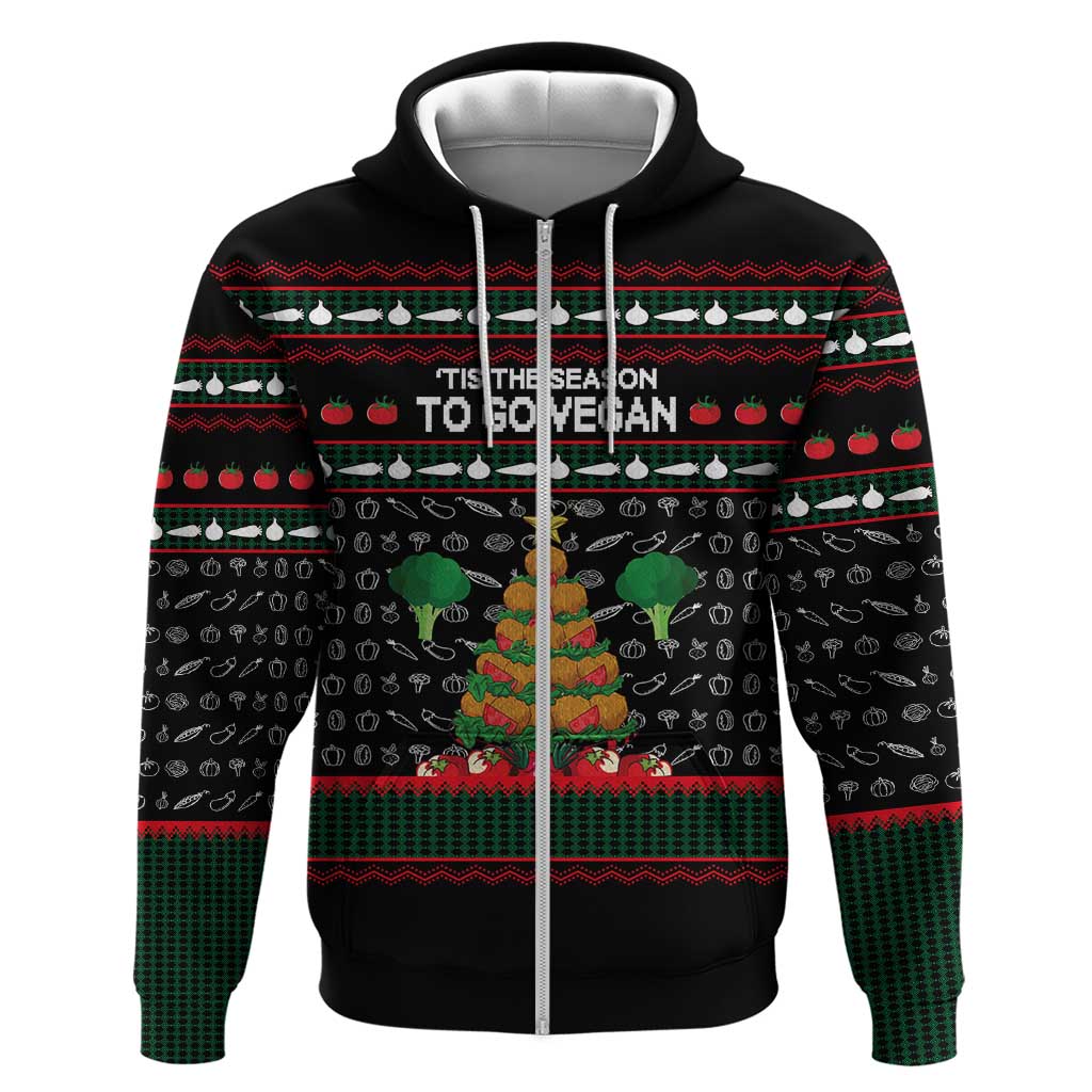 Vegan Christmas Zip Hoodie with Tis the Season to Go Vegan Quote and Vegetable Tree - Wonder Print Shop