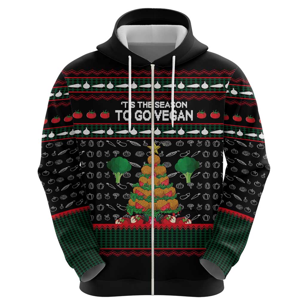 Vegan Christmas Zip Hoodie with Tis the Season to Go Vegan Quote and Vegetable Tree - Wonder Print Shop