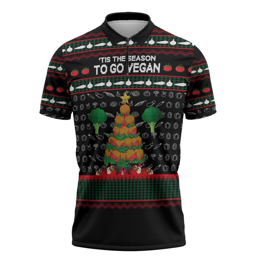 Vegan Christmas Zipper Polo Shirt with Tis the Season to Go Vegan Quote and Vegetable Tree - Wonder Print Shop