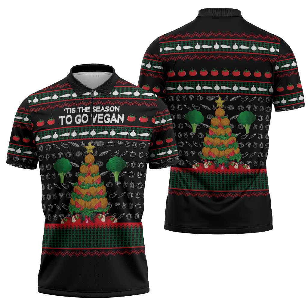 Vegan Christmas Zipper Polo Shirt with Tis the Season to Go Vegan Quote and Vegetable Tree - Wonder Print Shop