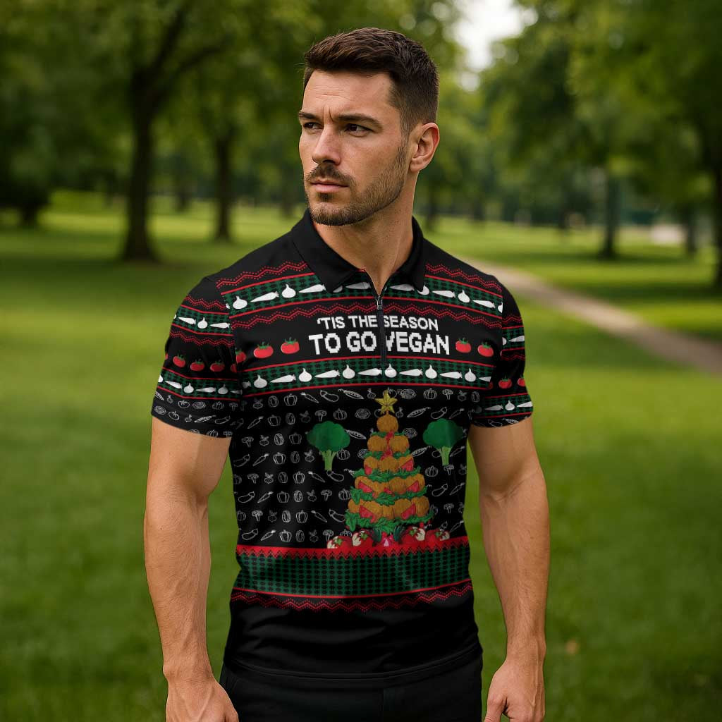 Vegan Christmas Zipper Polo Shirt with Tis the Season to Go Vegan Quote and Vegetable Tree - Wonder Print Shop