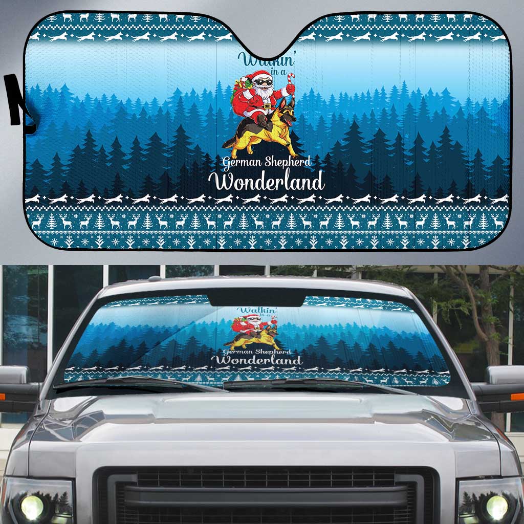 German Shepherd Christmas Auto Sun Shade with Walking in a Wonderland Quote and Santa Forest - Wonder Print Shop