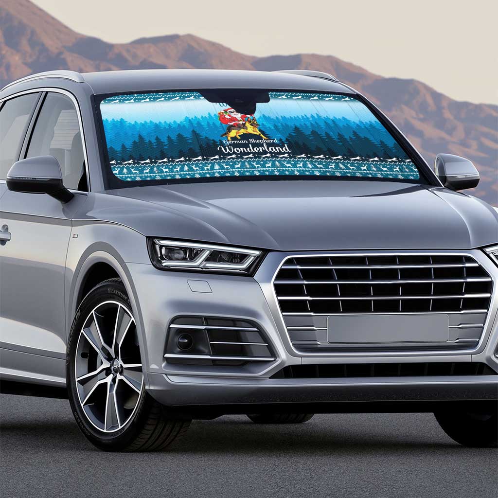 German Shepherd Christmas Auto Sun Shade with Walking in a Wonderland Quote and Santa Forest - Wonder Print Shop