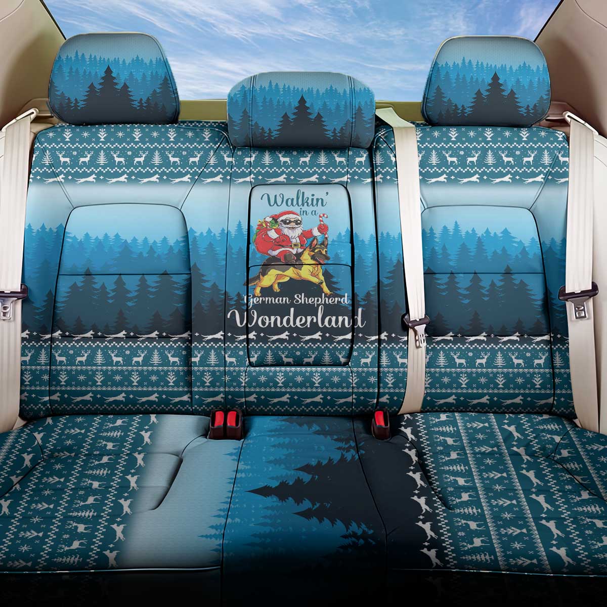 German Shepherd Christmas Back Car Seat Cover with Walking in a Wonderland Quote and Santa Forest - Wonder Print Shop