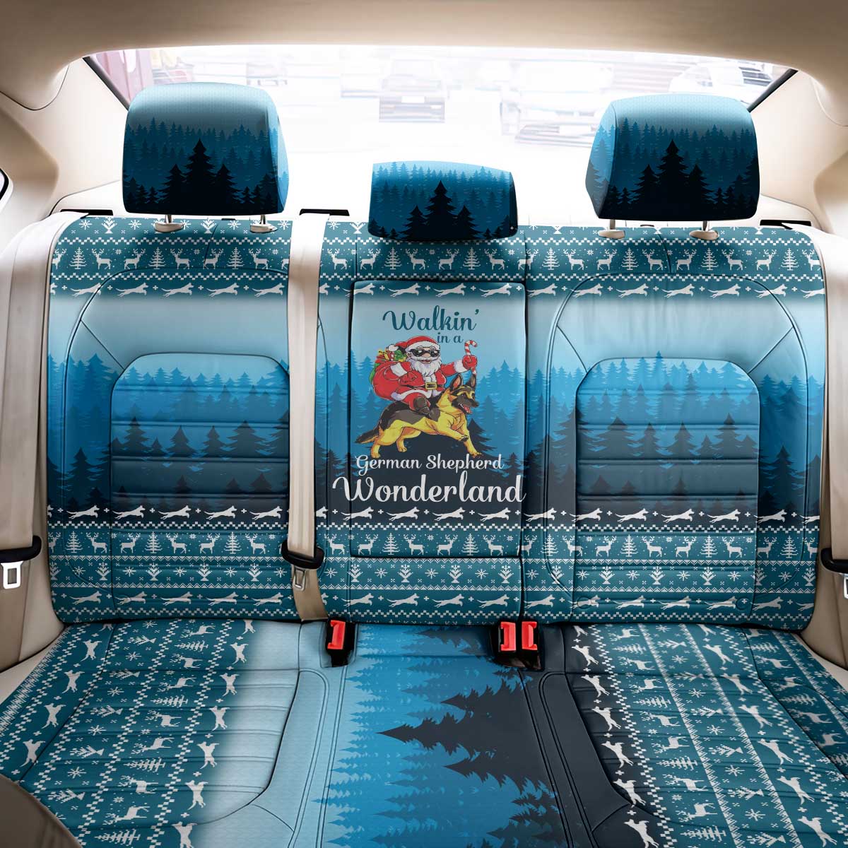 German Shepherd Christmas Back Car Seat Cover with Walking in a Wonderland Quote and Santa Forest - Wonder Print Shop